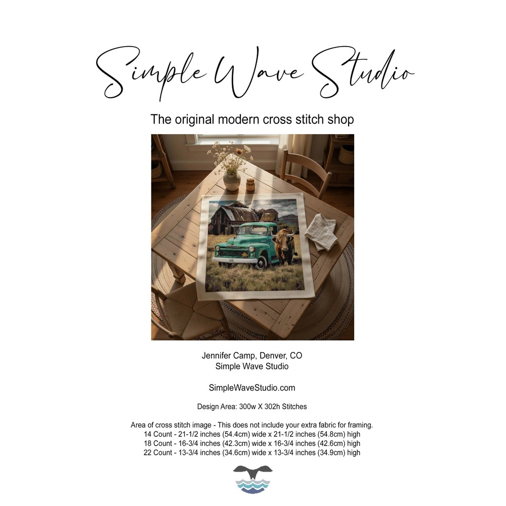 Highland Cow with Vintage Truck Counted Cross‎ Stitch Pattern Chart